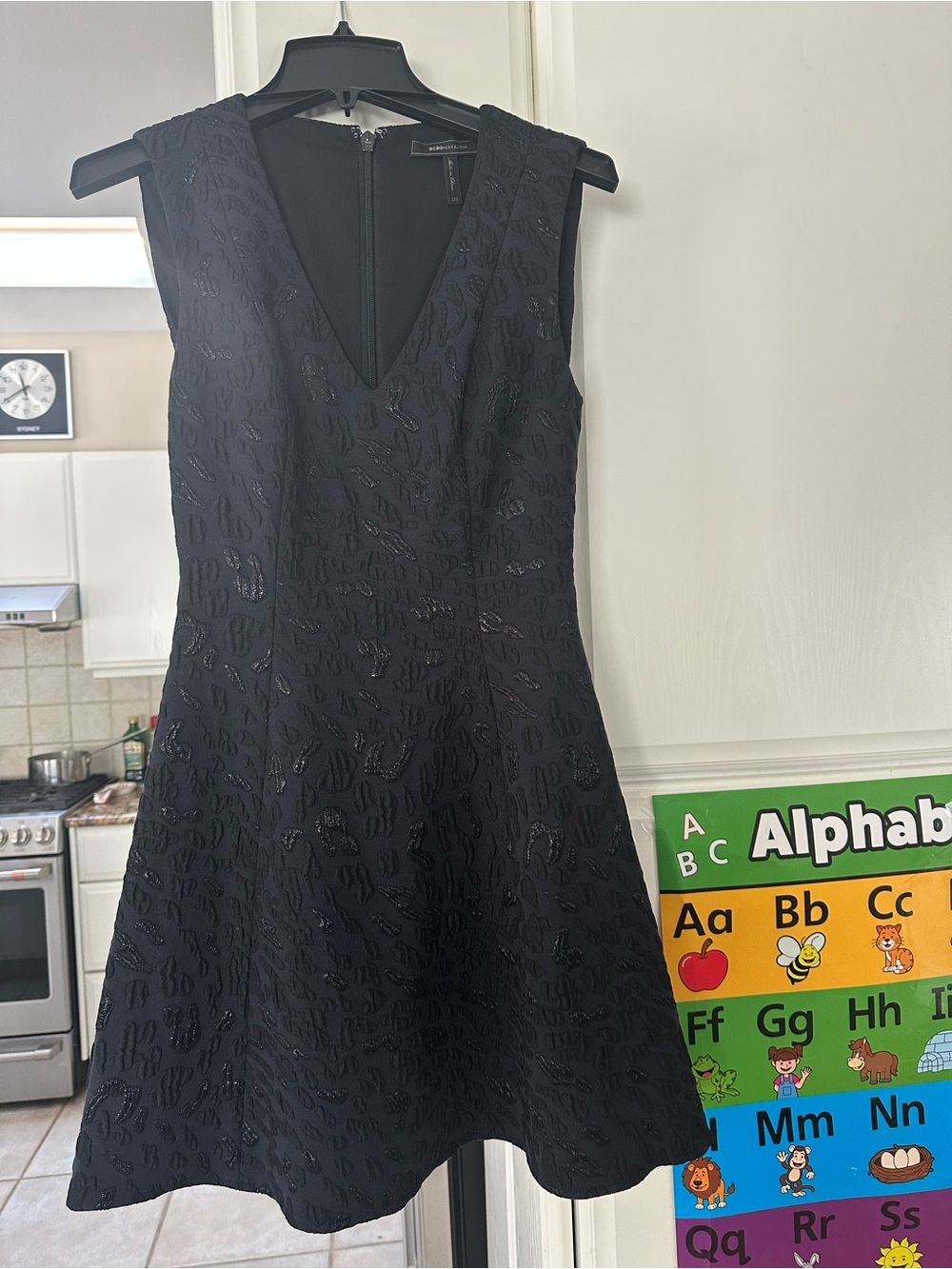 BCBGMaxAzria Black V-Neck Textured A-Line Mini Dress